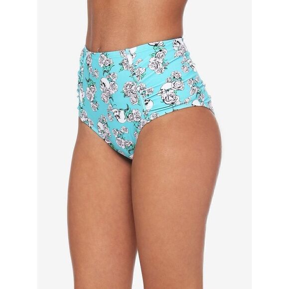 Turquoise Skull Rose High-Waisted Swim Bottoms (Lg) - Picture 1 of 7